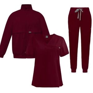 Burgundy Scrub Set with Jacket, Top and Pants